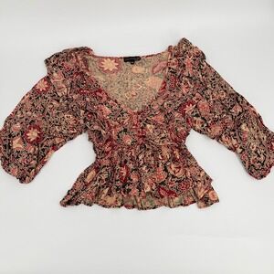 House of Harlow 1960 Boho Peplum Blouse Modern Women XS Red Paisley Floral Top